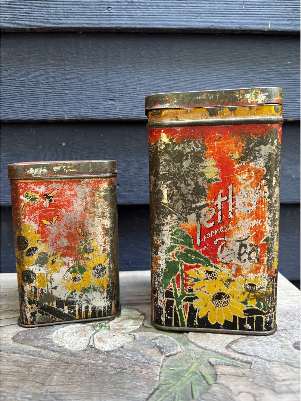 Antique Tetley Formosa Oolong Tea Tins, Distressed, Sunflower, Pair